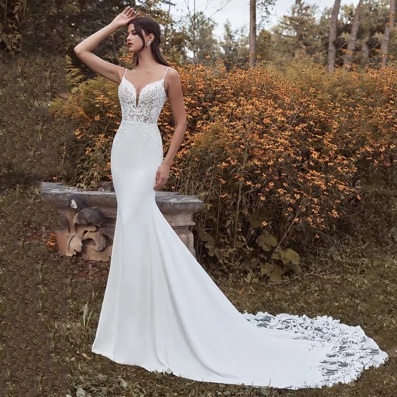 V-neck Suspender Dress Mermaid Hip-hugging Tail Wedding Dress Lace Backless  Evening Dress size 8 Color White