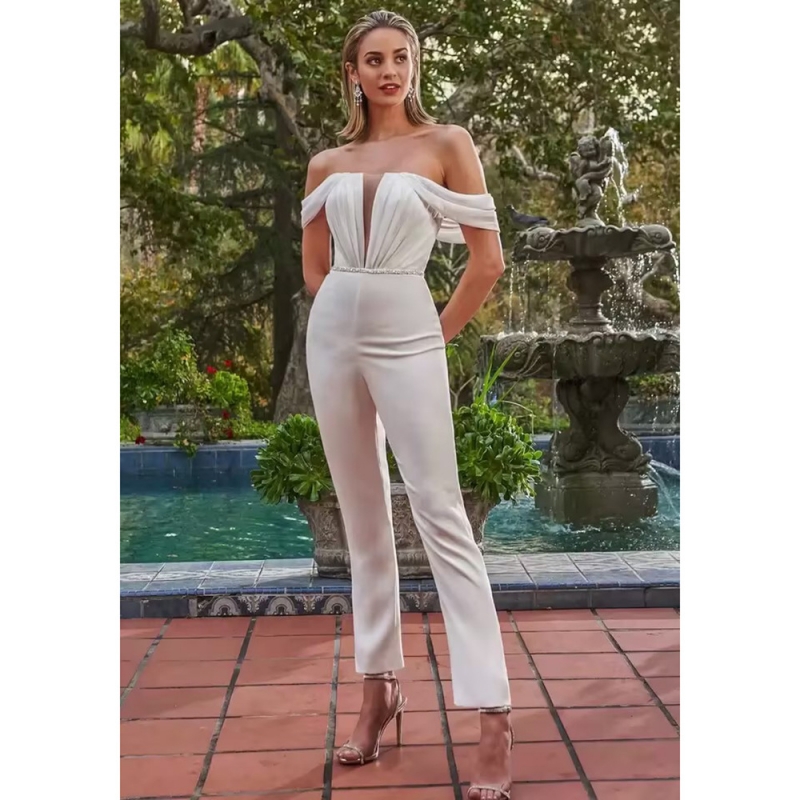 And Style Women s Jumpsuit Dress Backless High Waist Pants Wedding Dress Dinner Party Dress Suit size 10 Color ivory white