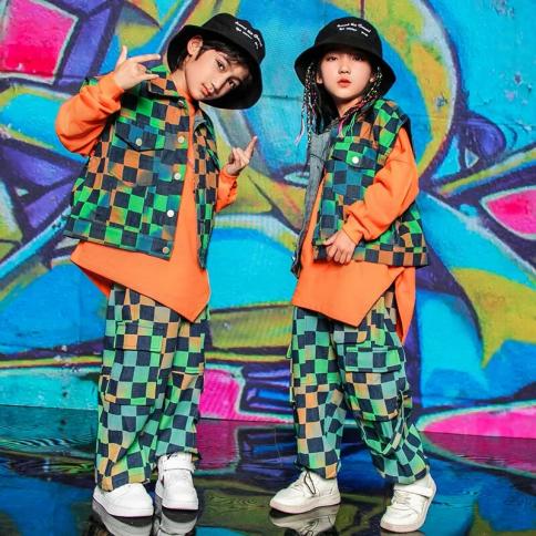 Hip Hop Dance Costumes For Kids Colorful Checkered Vest Loose
