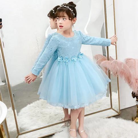 Lace Applique Beaded Wedding Flower Girls Dresses Autumn Winter Longsleeved  Color Pink Kid Size 140 7T-8T