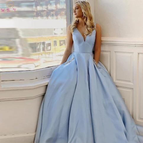 Satin Prom Dresses Blue Dress Women Sky Blue Dress Evening Gowns Satin Gowns  Blue Color Gold US Size 12