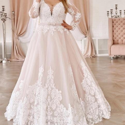 Plus Size Princess Wedding Dress 2022 Lace Tulle Long Sleeves Bride Dress Bridal Gown With Belt Bow Brautkleid Floor Len US Size 16W Color all white