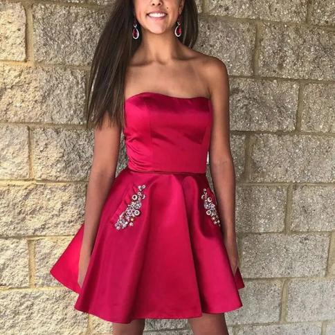 dark red short prom dress A Line V Neck Short Backless Red Lace Prom Dresses, Short Red Backless jbydress