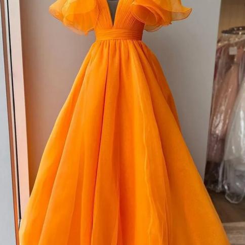 Organza Orange Prom Dress 2023 Long A Line Pleat Cap Short Puffy Sleeves V  Neck Evening Party Gown Long Women Custom Mad Color Blue US Size 10