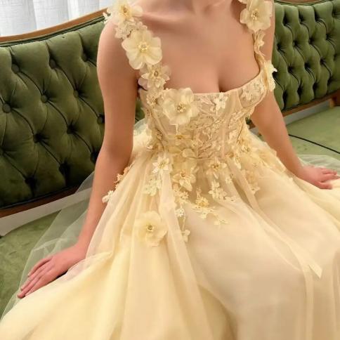 Yellow Floral Prom Dresses Lace Applique Tulle With Belt Spaghetti Strap Long Sweep Train Graduation Homecoming Evening US Size 6 Color custom made color