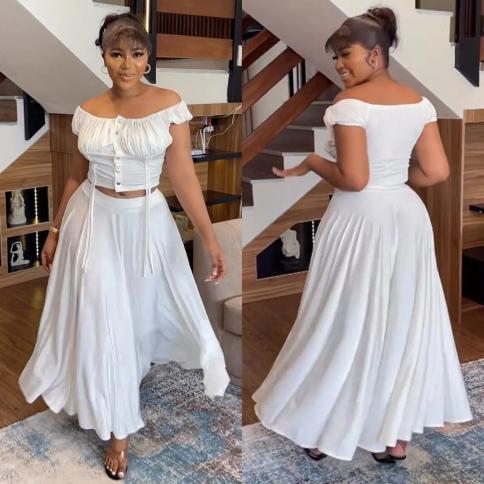 Vintage White Skirt Outfit Women Elegant Two Pieces Party Matching Set Top long Skirt size M Color S10602