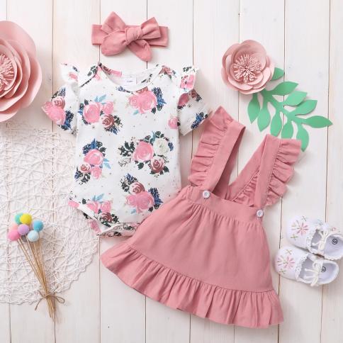 324 Months Newborn Baby Girl Dress Baby Princess Dress Short Sleeves Floral Bodysuit Suspender Skirt Headband 3pcs O
