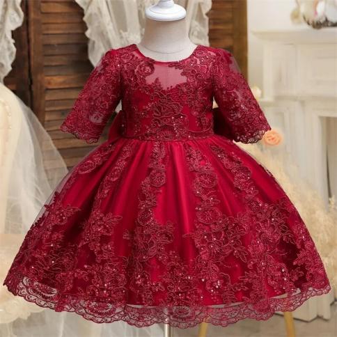 Baby Girls Red Christmas Dress For Lace Embroidery Birthday Princess  Dresses Kids Backless Luxury Ceremony Gown New Year Color Dress-5 Kid Size  13-24M