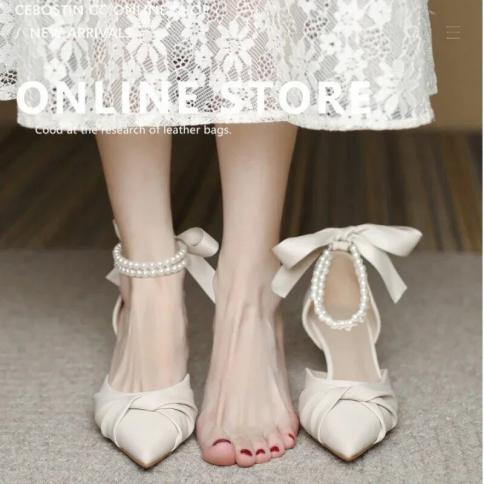 Women Elegant White High Heels Sandals Summer Chunky Platform Pearl Ankle Straps Pumps Woman Lace Bowtie Luxury Party Sh Shoe Size 38 Color Black 7cm