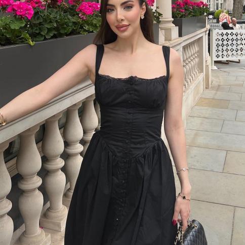 Suninheart Summer Black Holiday Party Dresses Elegant Spaghetti Strap Midi  Lace Up Dress Black Casual Women New In Dress size L Color Beige