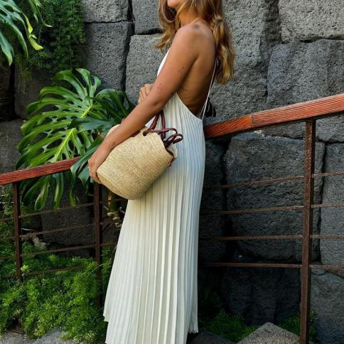 2024 New Backless Sleeveless Pleated Solid Halter Maxi Dress Female Loose  Lace Up Long Dresses Lady Party Beach Wear