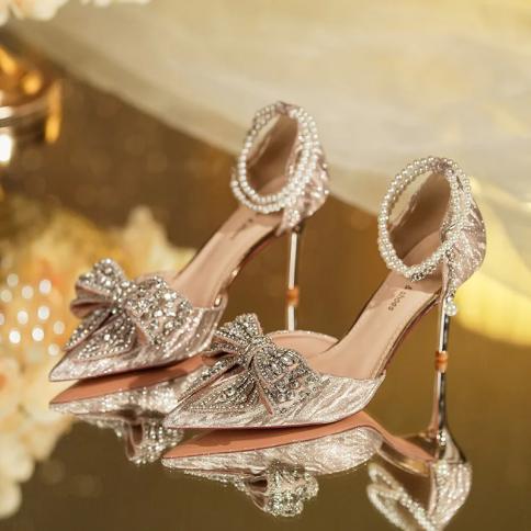 2024 Summer Luxury Women s High Heel Sandals Rhinestone Butterfly Pearl Champagne Party Wedding Shoes Birthday High Heel high heels shoes for women