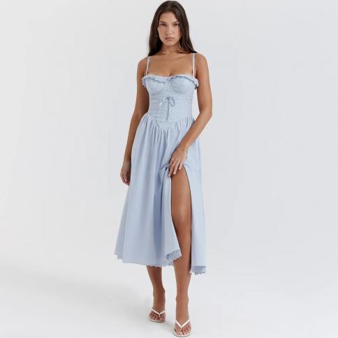 Mingmingxi Summer Midi Vacation Dress Blue Lace Spaghetti Strap Crochet  Dress Elegant High Split Birthday Party Dresses size S Color Blue