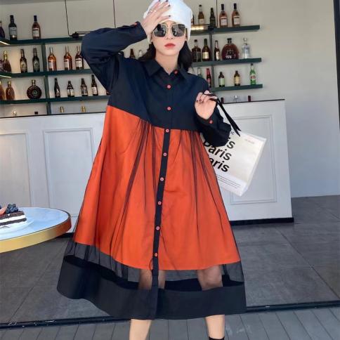 Y2k Fashion Brand Stitching Color Matching Mesh Long Shirt Skirt Summer  Dress Women Women Wedding Dresses Dress size One size Color Red
