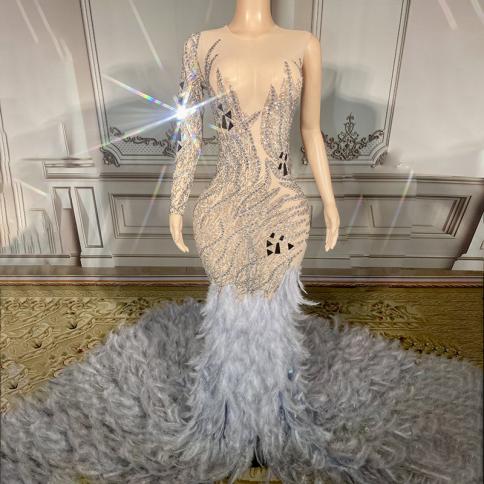 Luxurious Sparkly Feather Tail Dress Women Evening Prom Celebrity Party  Birthday Wear Singer Stage Costume Wedding Weddi size XL Color Beige