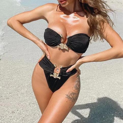 2024 New Solid Black Bikini Women Off Shoulder High Cut Push Up Padded Rhinestone Swimwear Brazilian