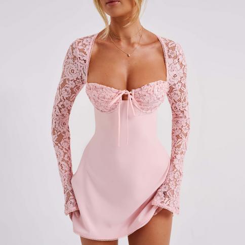 Women Lace Patchwork Mini Dress Long Sleeve Backless Low-cut Tie-up Elegant  Cocktail Dress A-line Dress size S Color White
