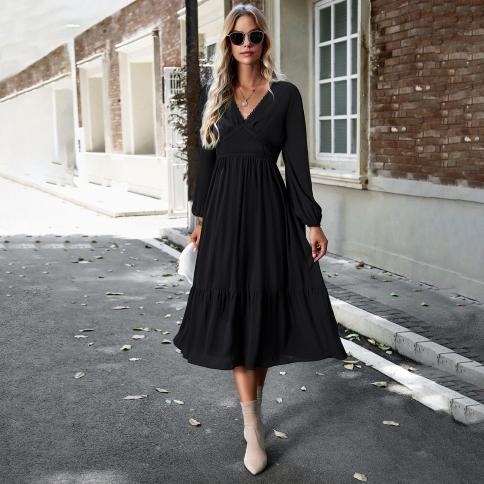Women s Dress 2024 Elegant Solid Color V neck Dress Women s Cheap Clothing And Free Shipping Sales Dress For Women Polye size S Color Pink