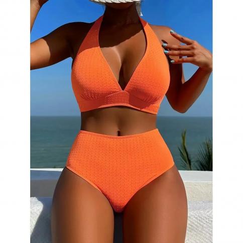 2024 V neck Bikini Set High Waist Swimsuit Women Orange Black Push Up Rib Swimwear Summer Bathing Suit Bikinis Beachwea