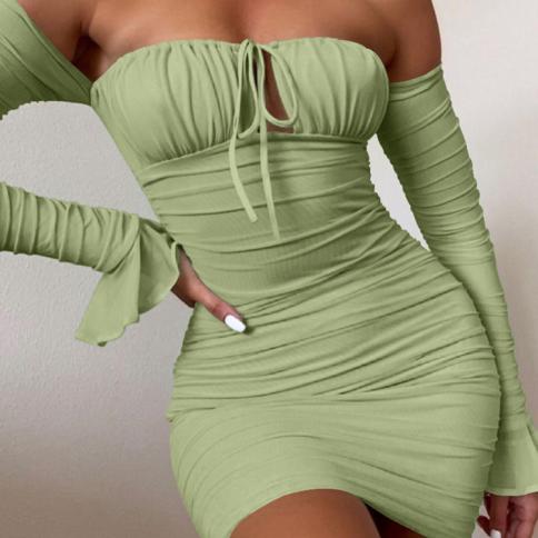 Boob Tube Top Lade-up Push Up Long Sleeve Dress Flounce Sleeve Bodycon  Ruched Mini Dress Women Off Shoulder Dresses size L Color Mint