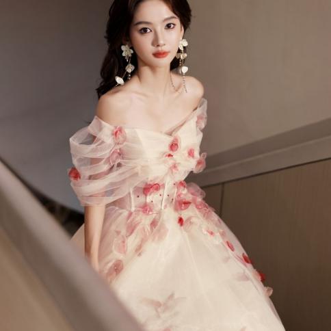 Banquet Princess Style Evening Dress Women New Year Ceremony Suit Hosting  Dress Student Prom Dress Light Coloured Flower