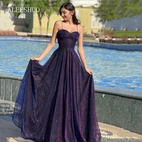 Aleeshuo Shiny Sparkly Dark Purple Long Evening Dresses Women Spaghetti  Strap Boning Fitted Slim Glitter Prom Gowns Form Color Black US Size 2
