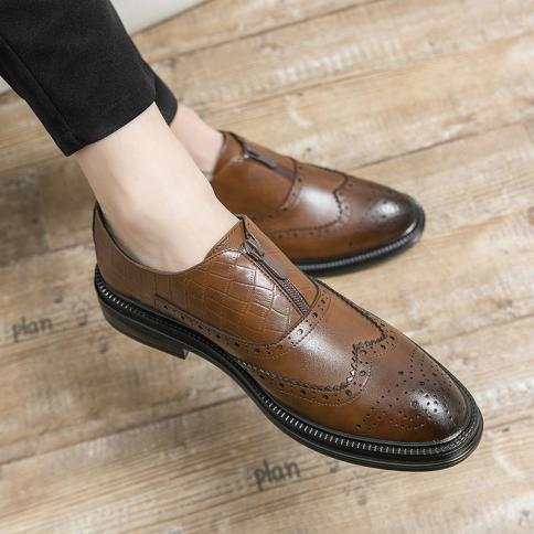 Men Prom Dress Shoes Handmade Brogue Brown Wedding Shoes Men Flats Leather  Shoes Slip-on Oxfords Formal Original Loafers Color Brown Shoe Size 40