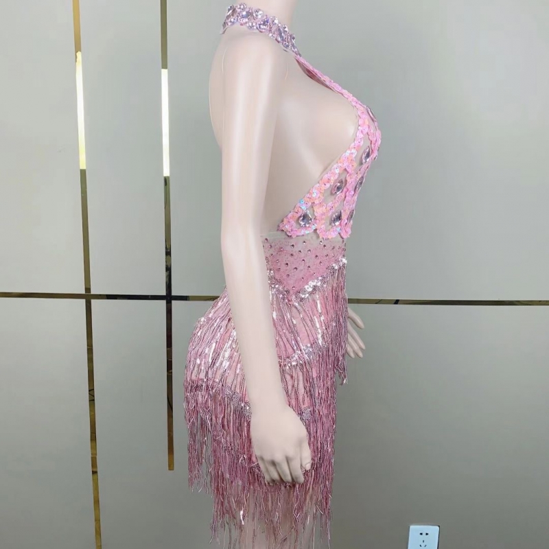 And Dress Hot Girl Hip Skirt Rhinestone Tassel Backless Nightclub Party  Evening Dress size L Color Pink