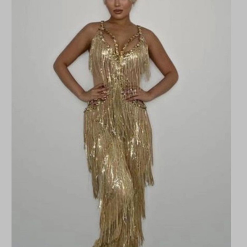 Spot New Product Gold Sequin Tassel Jumpsuit Hot Style And Fashion Nightclub Banquet Party Color Gold size One size fits all