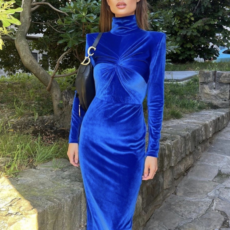 blue velvet turtleneck dress Cfhntfmh Women's Turtleneck Velvet Mini Dress Slim Long Sleeve Elegant Drawstring Club Dress Ruched Bodycon, Size: Medium, Blue