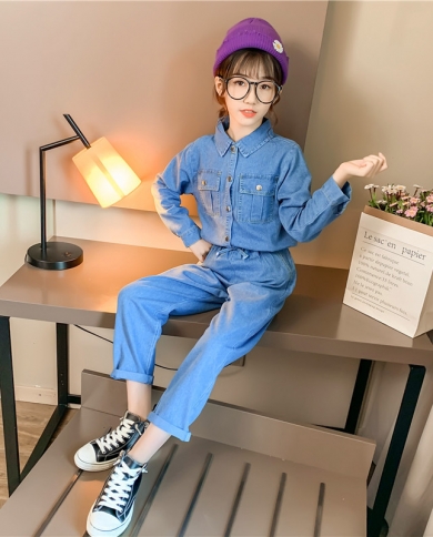 Girls Autumn Suit Denim Shirt Suit Long sleeved Two piece Suit
