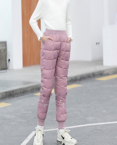 Girls Down Trousers Outer Wear Winter Plus Velvet Warm Pants Winter Clothes  Childrens Casual Trousers colour Pink appropriate height 160cm