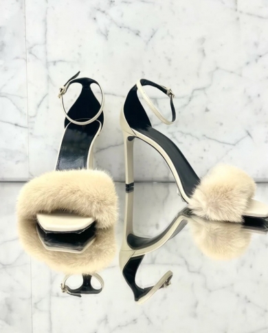 2023 Early Spring New Mink Fur Ladies High Heels One Word Belt
