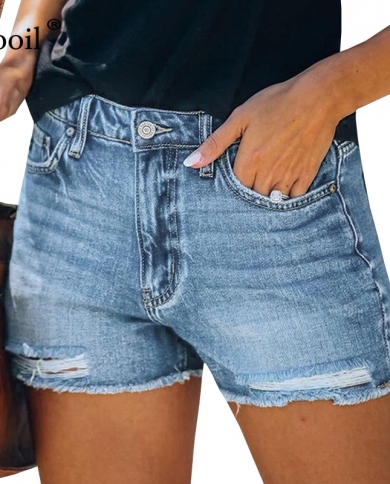 Liooil Blue Cotton Cut Off Ripped Stretch Denim Shorts Women