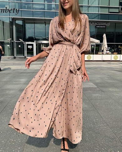 Casual Loose Puff Sleeve Maxi Dress Fashion Women Lace Up Belted