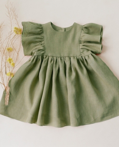 Baby Girl Dress Summer Cotton Linen Ruffles Kids Beach Dress