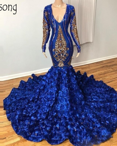 New Royal Blue Mermaid Prom Dresses Long Sleeves Flowers Gold