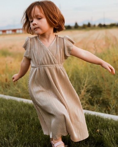 Baby Girls Khaki Classic Short Sleeve Long Dress Toddler Kids Soft