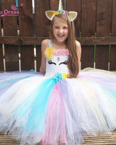 Unicorn Flower Tutu Party Dress Baby Girls Handmade Crochet Tulle