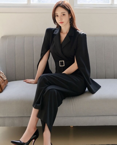 Office Suit Collar Black Jumpsuit Summer Woman Outfit Cape Sleeve