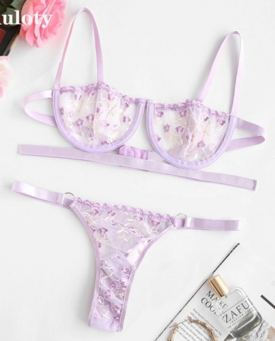 Hot Sale New Style Womens Thin Section Mesh Embroidered Underwear Underwire  Gather Bra Panty Set Thong Lingerie Setbr Color Purple Cup Size M