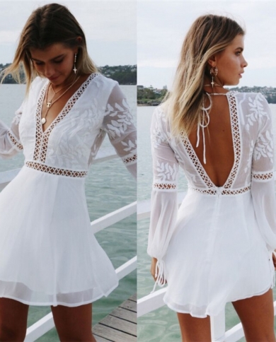 Women Summer Beach Dress V Neck Open Back Lace Up Ruffles Lace