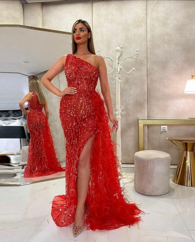 Couture Luxury Red Rhinestones One Shoulder Evening Dresses