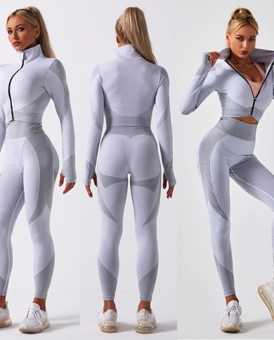 Two Piece Set Women Sportswear Workout Clothes For Women Sport Sets Suits  For Fitness Long Sleeve Seamless Yoga Set Leggings