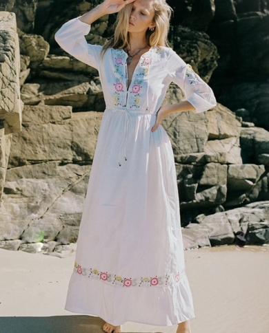 jastie וינטג שיק אביב שמלת מקסי רקמה פרחונית לנשים שרוול פנס שרוול שרוך שרוך מותן vestidos boho beach