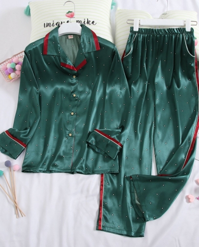 חליפת פיגמה סאטן ירוקה 2 יחידות סט פיגמות צווארון למטה נשים קיץ בגדי שינה אלסטיים מותן בגדי שינה לבית אינטימי